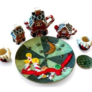 VTG 90s Holiday House Tea Set Christmas Gingerbread House Candy Canes Tea Sugar